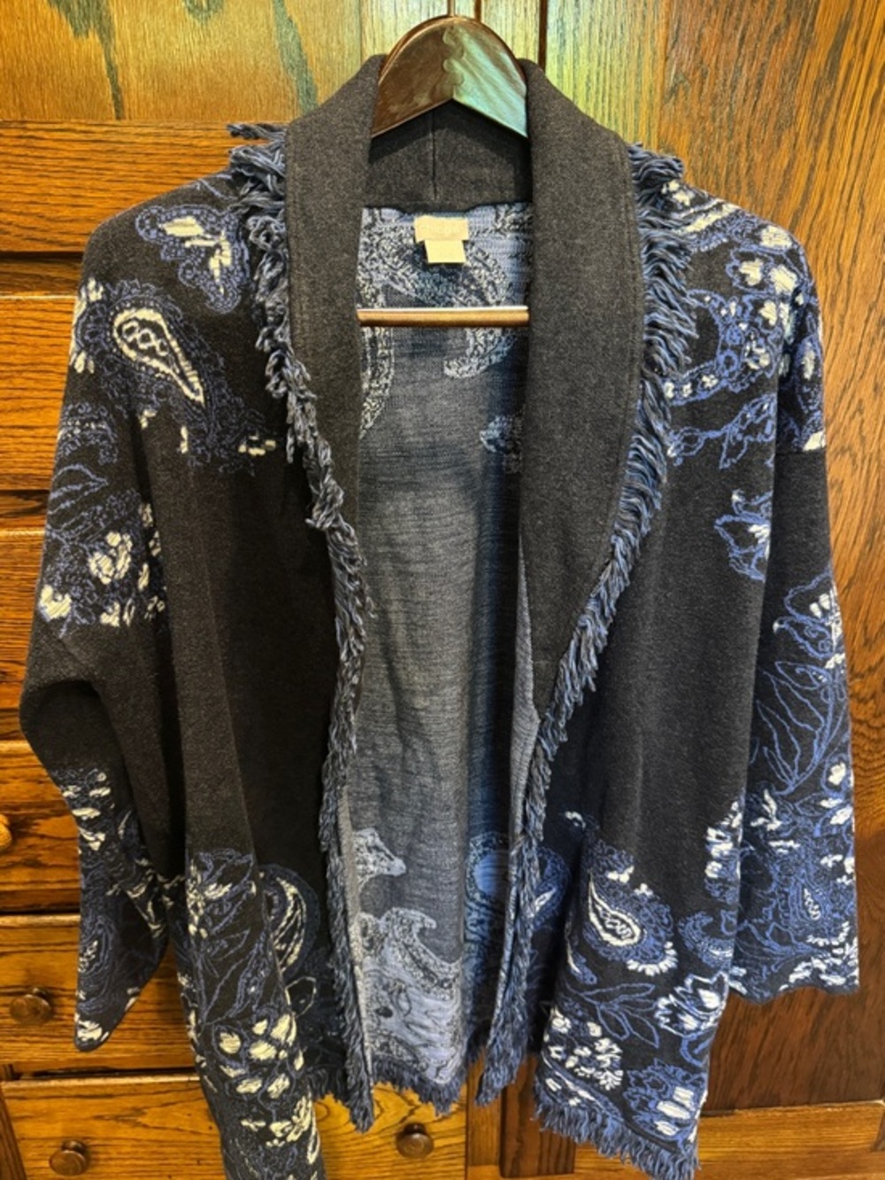 Chico's Black & Blue Paisley Fringed Open-Front Cardigan